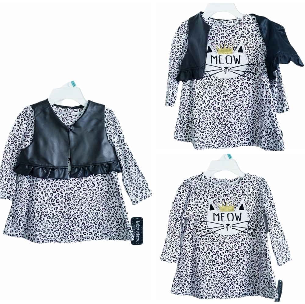 NWT Baby Glam Baby Girl Outfit Cat Print Dress and Vest 2-Piece Set